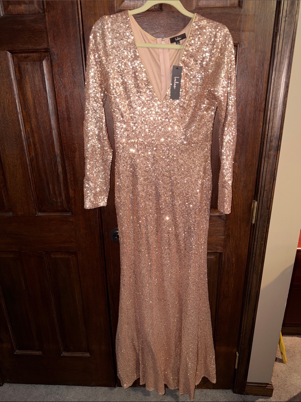 Lulu's Rose Gold Sequin V-Neck Long Sleeve Gown